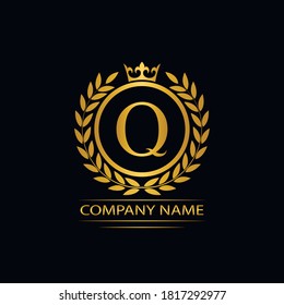 Golden Letter Q laurel wreath template logo Luxury gold letter with crown. Monogram alphabet . Beautiful royal initials letter.	