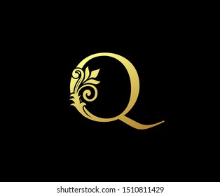 Golden Letter Q Logo Icon . Initial Letter Q Design Vector Luxury Gold Color.Print monogram initials stamp sign symbol.