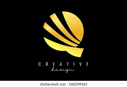 Golden letter Q logo with leading lines and negative space design. Letter with geometric and creative cuts design. Vector Illustration with letter.