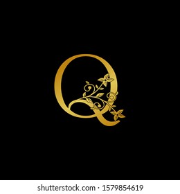 Golden Letter Q Luxury  Logo Icon, vintage design concept floral leaves with letter  Q gold color for initial, luxuries business, hotel, wedding service and more brand identity.