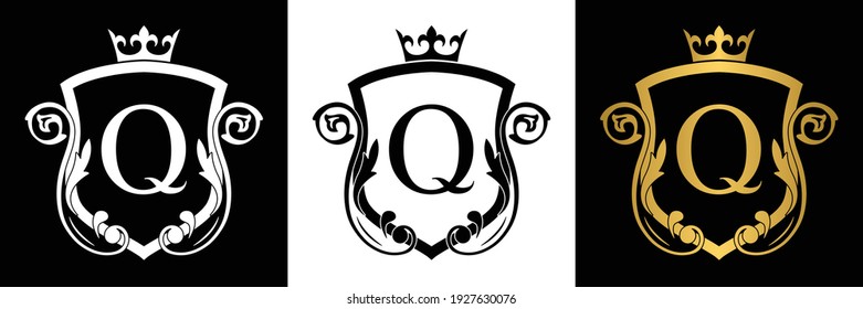 Golden Letter Q template logo Luxury shield letter with crown. Monogram alphabet . Beautiful royal initials letter.