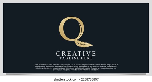 Golden letter Q with unique feather combination logo design Premium Vector