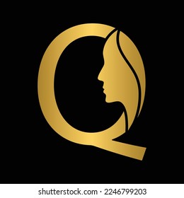 golden letter Q woman face vector template logo beauty salon 