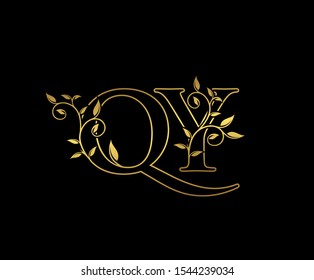 Golden letter Q, Y and QY Vintage Gold Floral Logo Icon, overlapping monogram logo, elegant luxury gold color on black background. Classy Letter Logo Icon.