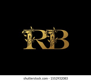 Golden letter R , B and RB  Vintage Gold Floral Logo Icon, overlapping monogram logo, elegant luxury gold color on black background. CLassy Letter Logo Icon.