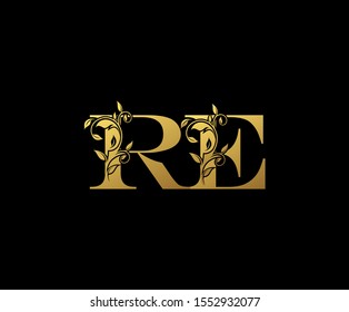 Golden letter R , E and RE  Vintage Gold Floral Logo Icon, overlapping monogram logo, elegant luxury gold color on black background. CLassy Letter Logo Icon.