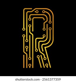 Golden Letter R with Electronic Circuit Lines and Dots on a Black Background, Suitable for Technology and Communication Concepts