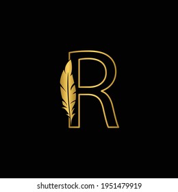 golden  letter R. feather letters. Vintage ornament initial Alphabet. Logo vector  