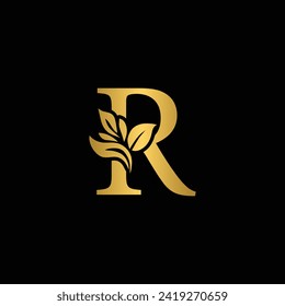 golden letter R flower letters. Vintage ornament initial Alphabet. Logo vector	