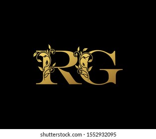 Golden letter R , G and RG  Vintage Gold Floral Logo Icon, overlapping monogram logo, elegant luxury gold color on black background. CLassy Letter Logo Icon.