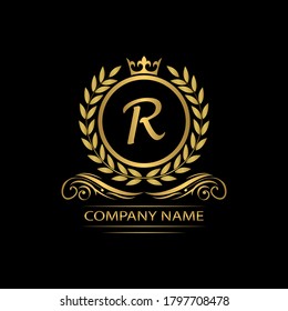 Golden Letter R laurel wreath template logo Luxury gold letter with crown. Monogram alphabet . Beautiful royal initials letter.	