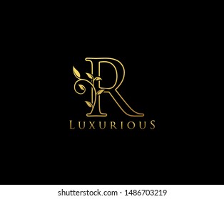 Golden Letter R Logo Icon . Initial Letter R Design Vector Luxury Gold Color.Print monogram initials stamp line art sign symbol.