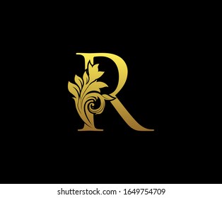 Golden Letter R Logo Icon . Initial Letter R Design Vector Luxury Gold Color.Print monogram initials stamp sign symbol.