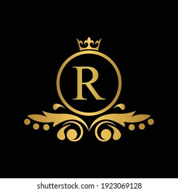 Golden letter R logo Luxury letter with crown.  Monogram alphabet . Beautiful royal initials letter. template logo for design 
