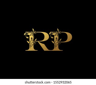 Golden letter R , P and RP  Vintage Gold Floral Logo Icon, overlapping monogram logo, elegant luxury gold color on black background. CLassy Letter Logo Icon.