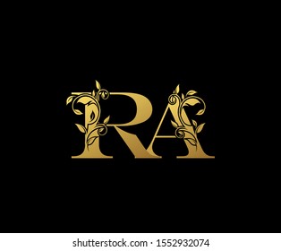 Golden letter R , A and RA  Vintage Gold Floral Logo Icon, overlapping monogram logo, elegant luxury gold color on black background. Classy Letter Logo Icon.