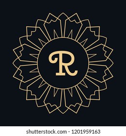 Golden letter R and round ornament, monogram frame border, line art icon. Vector floral geometric motif. Isolated design element for brochure, invitation or business card, logo, emblem. Gold and black