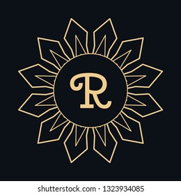 Golden letter R and round ornament, monogram frame border, line art icon. Vector floral geometric motif. Isolated design element for brochure, invitation or business card, logo, emblem. Gold and black