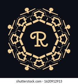 Golden letter R and round ornament, monogram frame border, line art icon. Vector floral geometric motif. Isolated design element for brochure, invitation or business card, logo, emblem. Gold and black