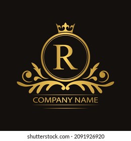 Golden letter  R template logo Luxury gold letter with crown. Monogram alphabet . Beautiful royal initials letter.	