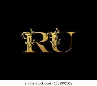Golden letter R , U and RU  Vintage Gold Floral Logo Icon, overlapping monogram logo, elegant luxury gold color on black background. CLassy Letter Logo Icon.