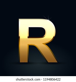 Golden letter R uppercase. Vector font isolated on black background