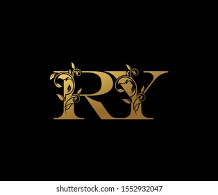 Golden letter R , Y and RY  Vintage Gold Floral Logo Icon, overlapping monogram logo, elegant luxury gold color on black background. CLassy Letter Logo Icon.