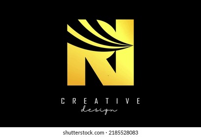 Golden letter RI r i logo with leading lines and road concept design. Letters with geometric design. Vector Illustration with letter and creative cuts.