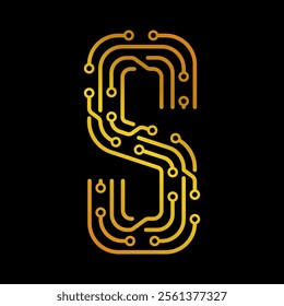 Golden Letter S with Electronic Circuit Lines and Dots on a Black Background, Suitable for Technology and Communication Concepts