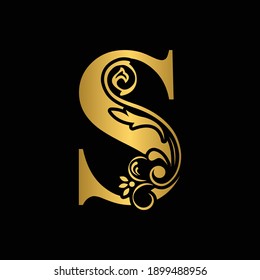 golden  letter S. flower  letters. Vintage ornament initial Alphabet. Logo vector 

