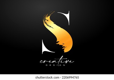 Golden Letter S logo desgn with Artistic Colorful Blue Purple Paintbrush Stroke Vector. Elegant Initial Modern S Logo Icon Idea with Serif Font Vector Illustration.