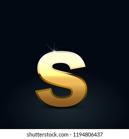 Golden letter S lowercase. Vector font isolated on black background