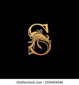 Golden Letter S Luxury  logo.  Design concept vintage  luxury classy gold monocrome leaves with letter logo icon best for initial, luxury, boutique, restaurant, wedding service, hotel.