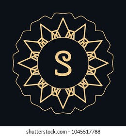 Golden letter S and round ornament, monogram frame border, line art icon. Vector linear floral geometric motif. Isolated design element for brochure, invitation card, logo, emblem. Gold and black