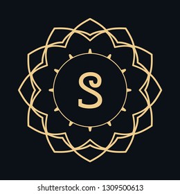 Golden letter S and round ornament, monogram frame border, line art icon. Vector floral geometric motif. Isolated design element for brochure, invitation or business card, logo, emblem. Gold and black