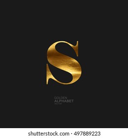 Golden Letter S. Typographic vector element for design. Part of glow golden painted alphabet. Letter S with golden paint texture. Vector illustration