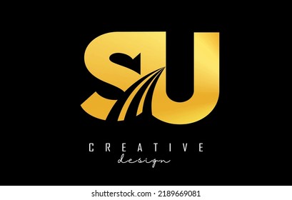 Golden letter SU s u logo with leading lines and road concept design. Letters with geometric design. Vector Illustration with letter and creative cuts.