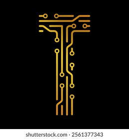 Golden Letter T with Electronic Circuit Lines and Dots on a Black Background, Suitable for Technology and Communication Concepts