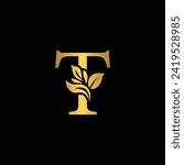 golden letter T flower letters. Vintage ornament initial Alphabet. Logo vector	