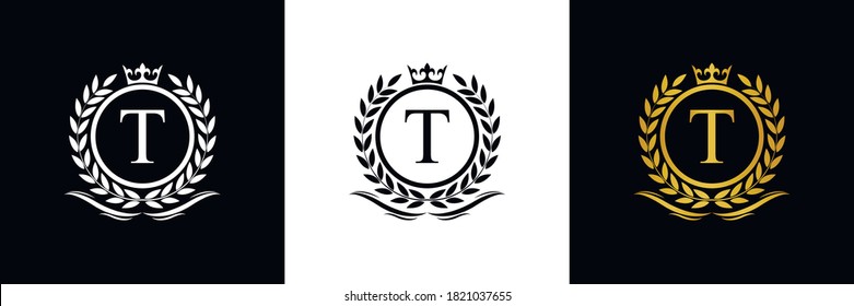 Golden Letter T laurel wreath template logo Luxury gold letter with crown. Monogram alphabet . Beautiful royal initials letter.	