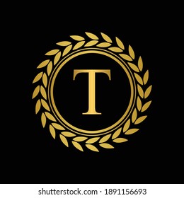 Golden Letter T laurel wreath template logo Luxury gold letter with crown. Monogram alphabet . Beautiful royal initials letter.	