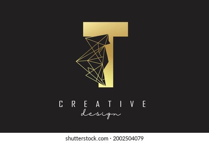 Golden Letter T logo design with broken stone, glass detail. Vector Illustration with geometrical effect and creative T letter. 