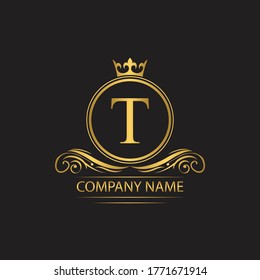 Golden letter T template  logo Luxury letter with crown.  Monogram alphabet . Beautiful royal initials letter.