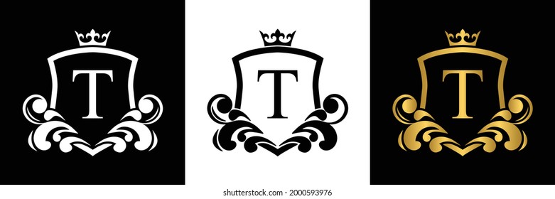 Logo de la plantilla de la carta dorada T Carta escudo de lujo con corona. Alfabeto monograma . Hermosa carta de iniciales reales.