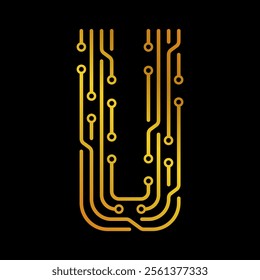 Golden Letter U with Electronic Circuit Lines and Dots on a Black Background, Suitable for Technology and Communication Concepts