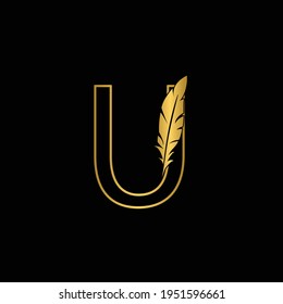 golden  letter U. feather letters. Vintage ornament initial Alphabet. Logo vector  