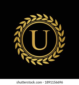 Golden Letter U laurel wreath template logo Luxury gold letter with crown. Monogram alphabet . Beautiful royal initials letter.	