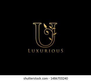 Golden Letter U Logo Icon . Initial Letter U Design Vector Luxury Gold Color.Print monogram initials stamp line art sign symbol.