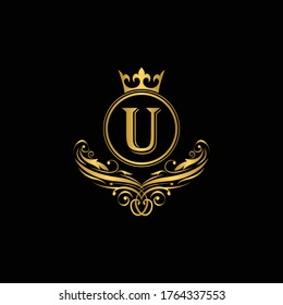 Golden letter U logo Luxury letter with crown.  Monogram alphabet . Beautiful royal initials letter. template logo for design 
