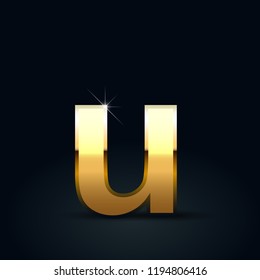 Golden letter U lowercase. Vector font isolated on black background